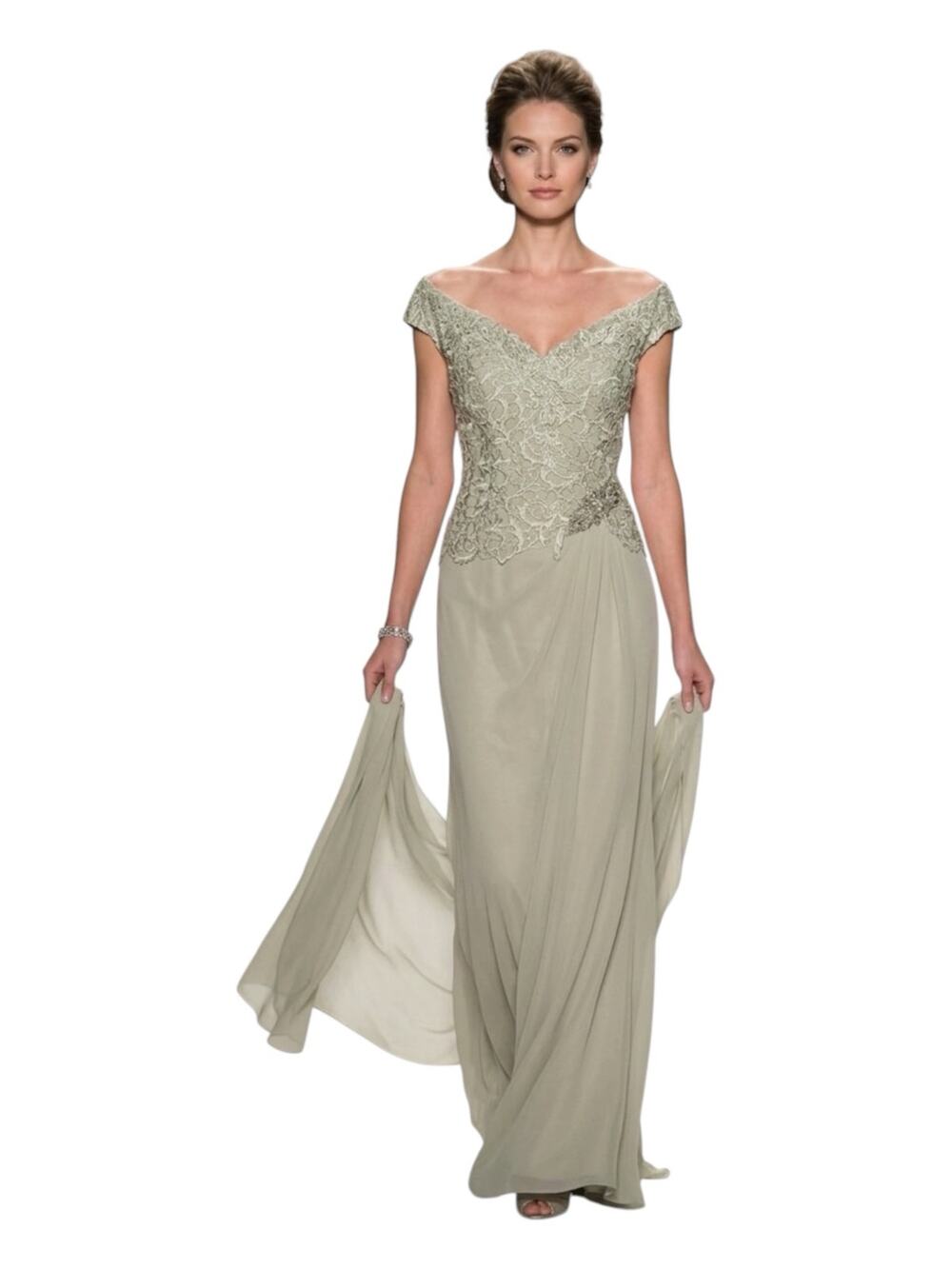 Mon Cheri Olive Green Embellished Off-Shoulder Maxi Dress